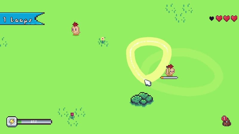 In-game screenshot: drawing a glowing loop around a chicken critter